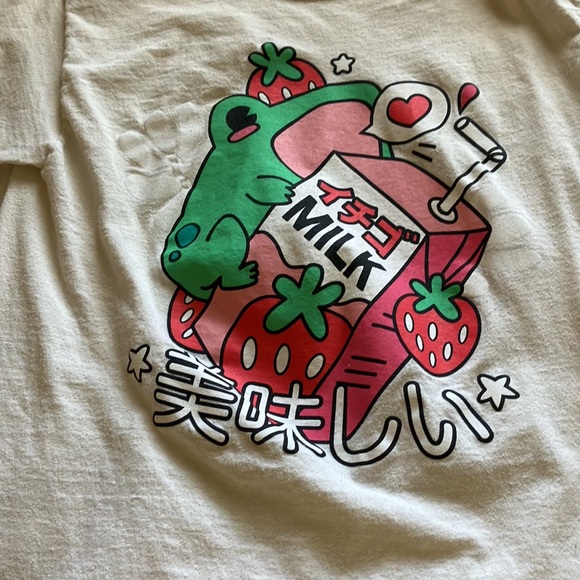 Cute Kawaii T-shirt that has a frog on it strawberry milk and strawberries - Picture 6 of 6